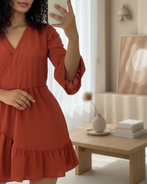 فستان ايروبين تنورة مكشكشة وأكمام خصر مطاطي  -لون القرميد