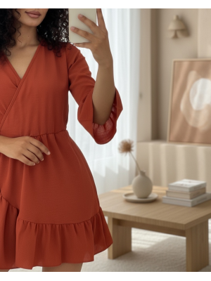 Eteği Ve Kolları Fırfırlı Beli Lastikli Ayrobin Elbise  -Kiremit