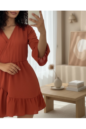 Eteği Ve Kolları Fırfırlı Beli Lastikli Ayrobin Elbise  -Kiremit