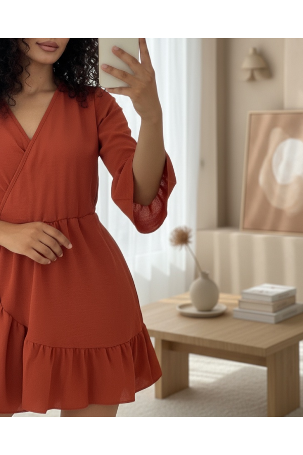 Eteği Ve Kolları Fırfırlı Beli Lastikli Ayrobin Elbise  -Kiremit