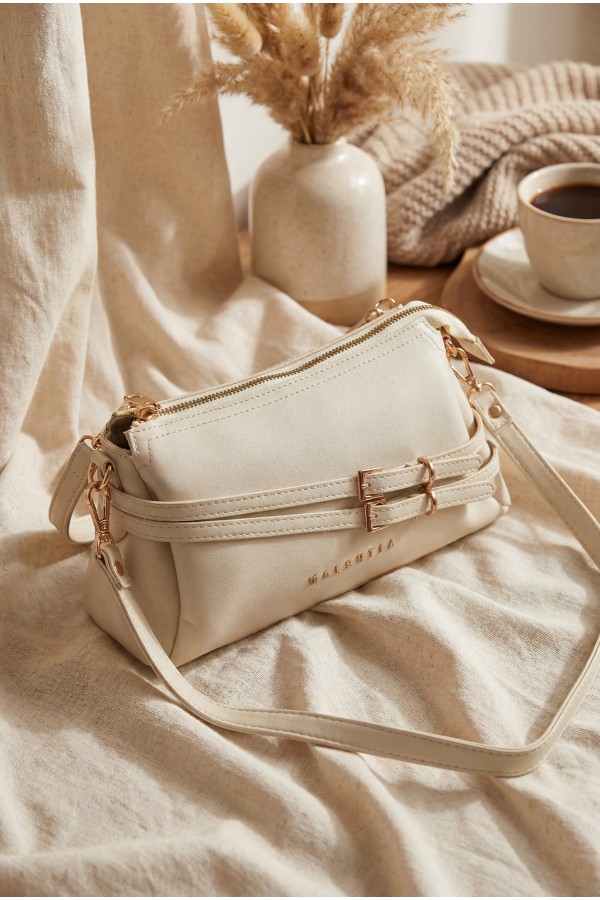 Women's Long-Strap Bag with Front Belt Detail -Cream color