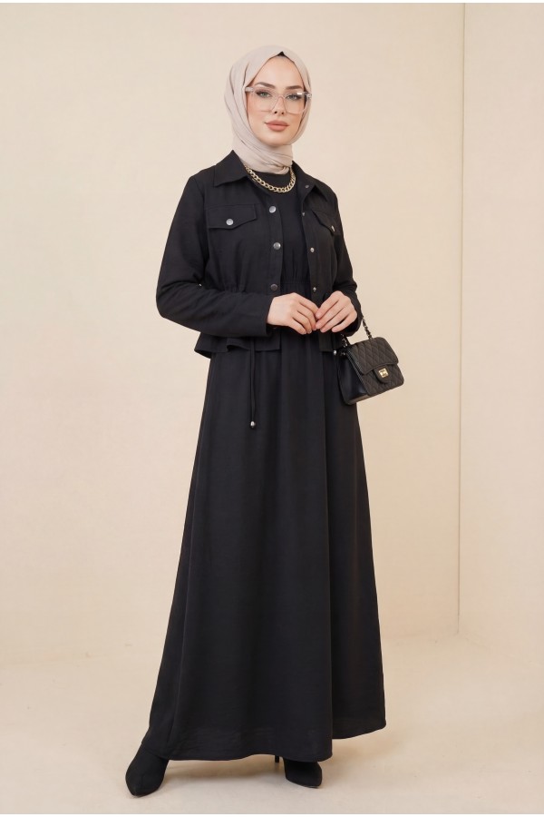Metal Buttoned Waist Tied Shirt Vest Dress -Black