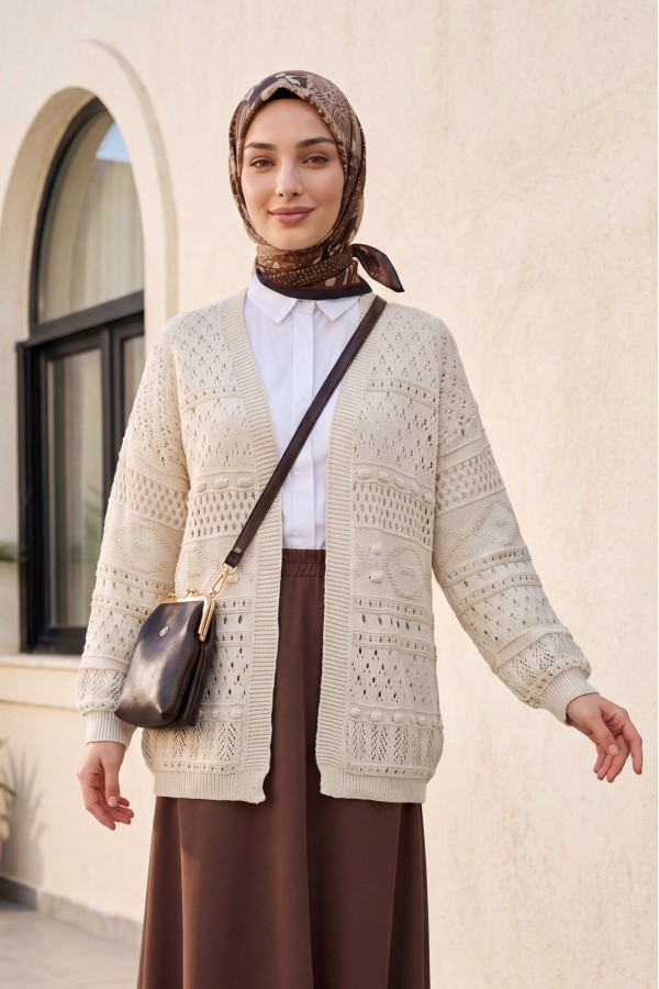 Openwork Knit Cardigan with Pom-Pom Detail -Stone
