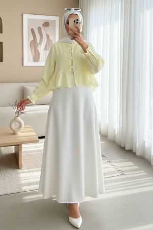Modal Fabric Shirt with Ruffled Skirt and Sleeves and Stoned Buttons -Light yellow