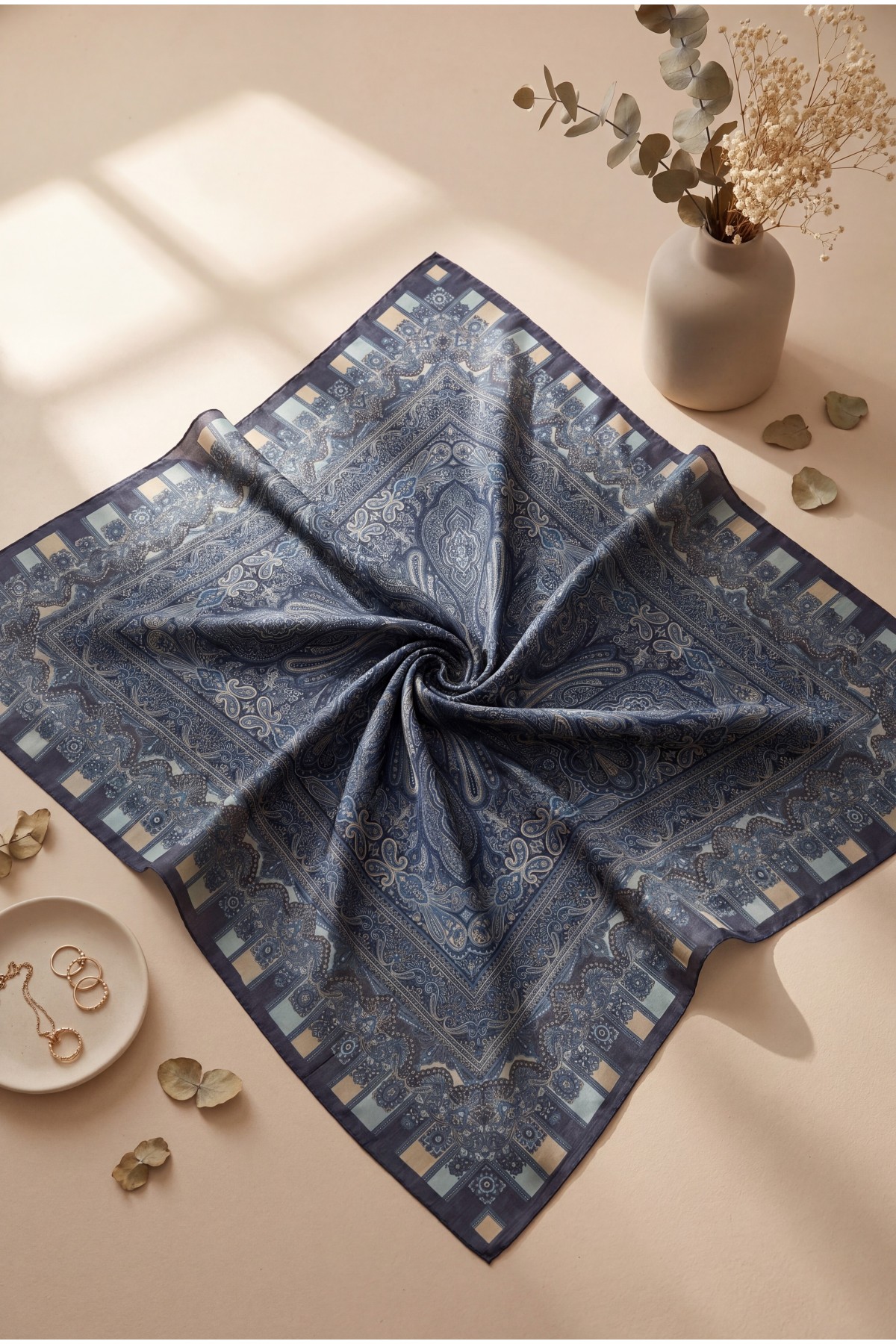Authentic Patterned Cotton Scarf  -İndigo