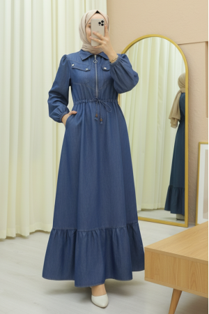 Tünel Bağcıklı Yarım Fermuarlı Cepli Kot Elbise -İndigo