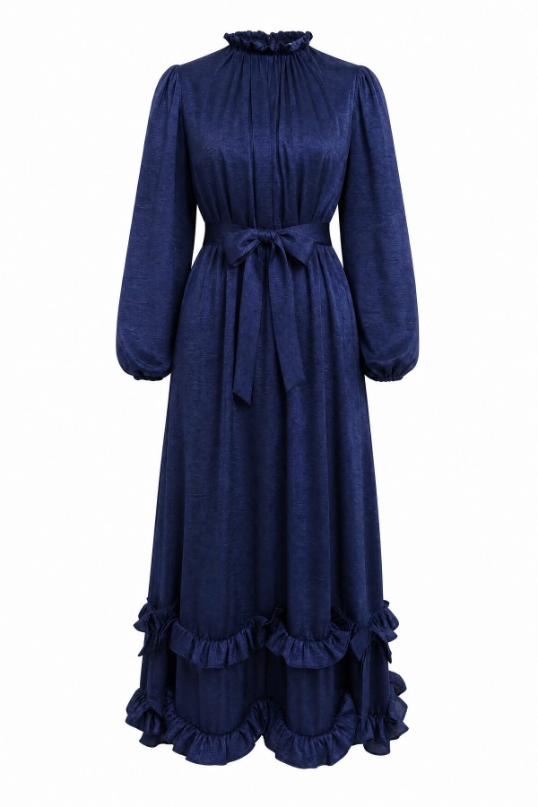 Long dress with ruffled neckline and hem, elasticated sleeves, crinkle crepe lining. -Navy blue
