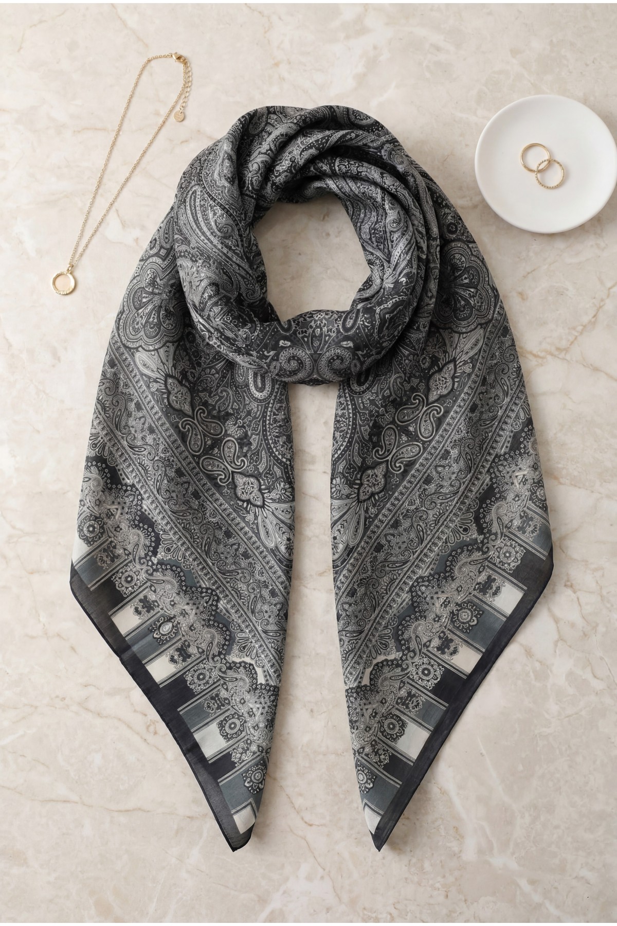 Authentic Patterned Cotton Scarf  -dark lacquer