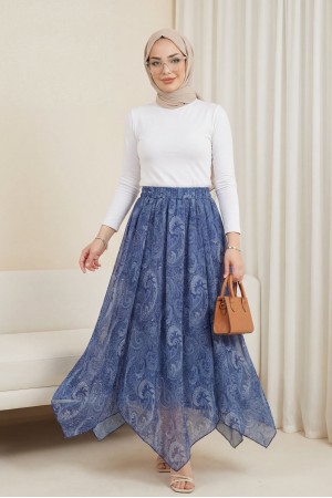 تنورة شيفون بنقوش عرقية، خصر مطاطي، مبطنة، وحافة غير متماثلة -اللون النيلي