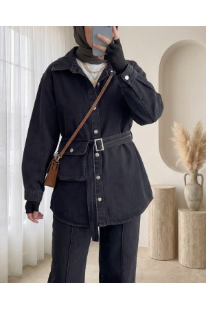 Denim Suit with Pockets and Striped Trousers -Black