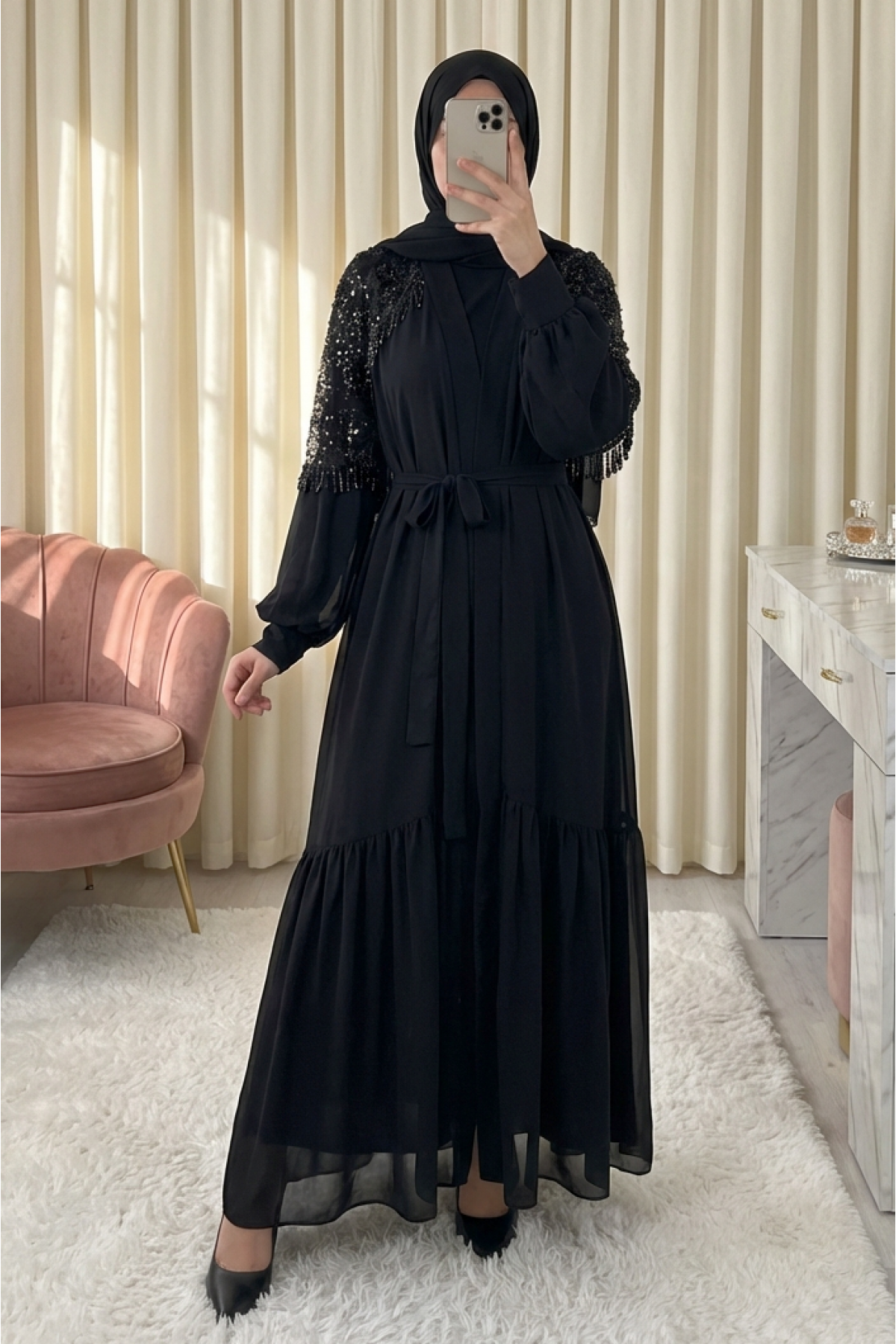 Two-Piece Abaya Set with Cut Beads and Belt -Black