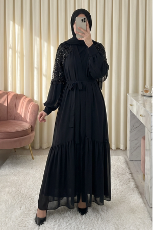 Kesme Boncuklu Kemerli İkili Abaya Takım -Siyah