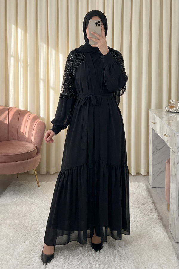 Two-Piece Abaya Set with Cut Beads and Belt -Black