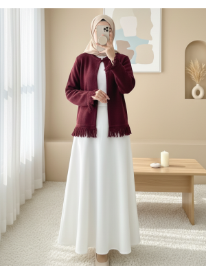 Tek Düğmeli Saçaklı Yumoş Triko Hırka   -Bordo