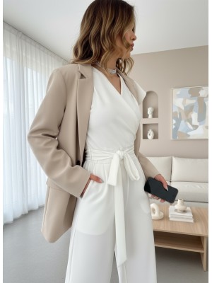 Fermuar Detaylı Fırfırlı Tulum   -Beyaz