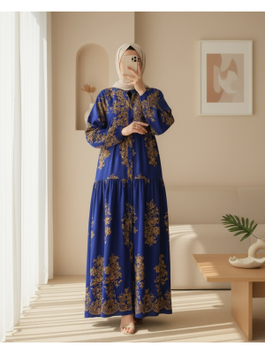 Saks Gold Desenli Tesettür Elbise 2423