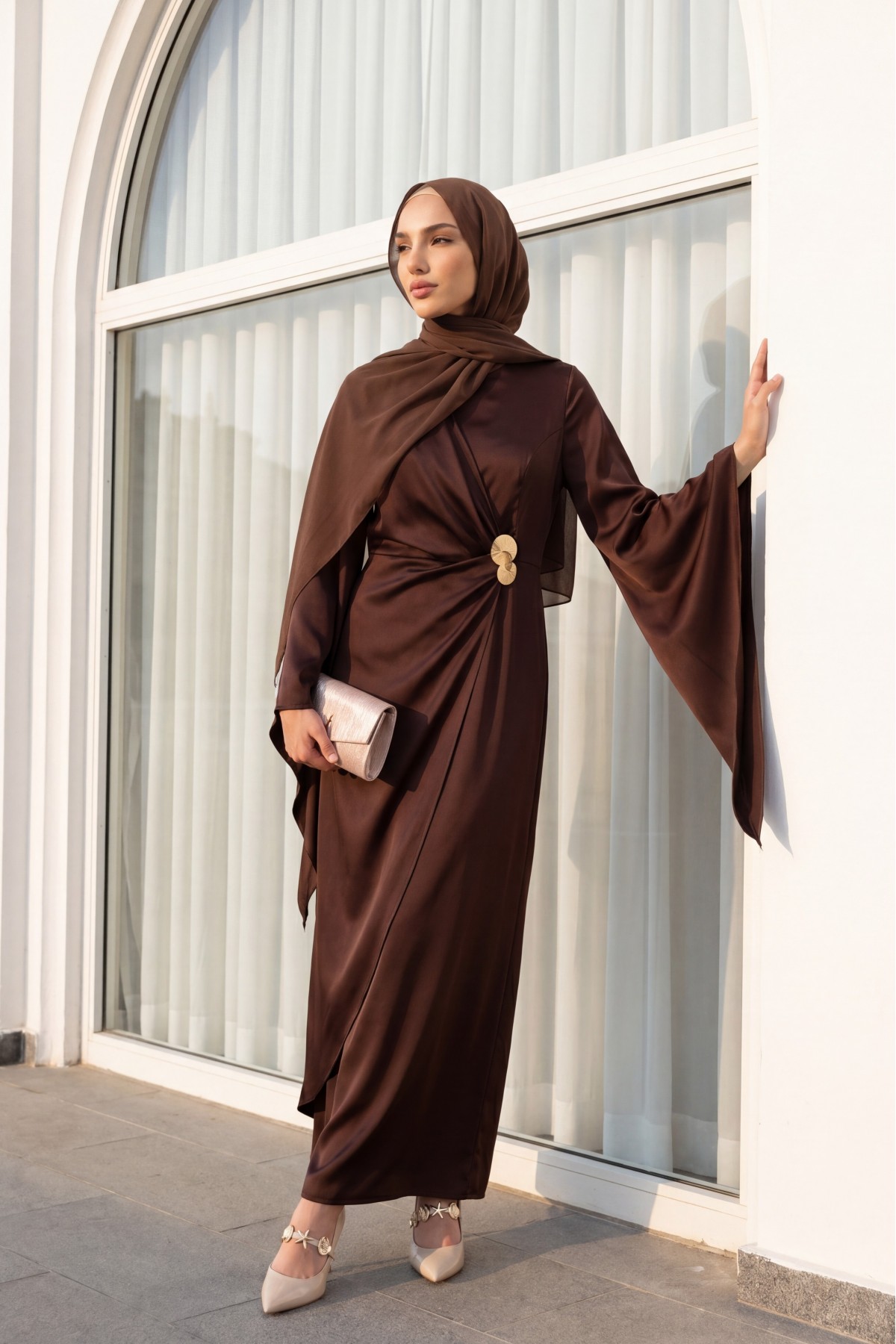 Buckle Detailed Double Front Asymmetrical Sleeve Satin Evening Dress -Brown