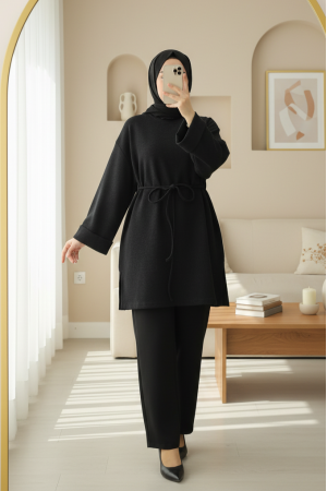 Kolu Katlı Beli Bağlamalı Yırtmaçlı Selanik Tunik-Antrasit