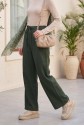 Lacing Detailed Wide Leg Linen Trousers with Elastic Waist -Khaki