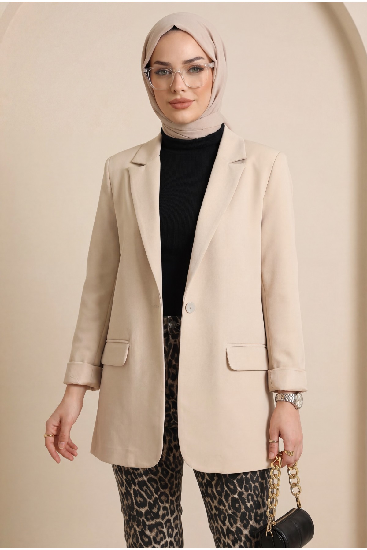 Single Button Lycra Jacket with Pockets - Beige