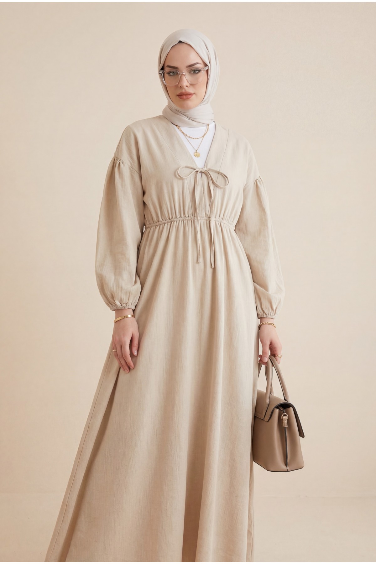 Muslin Dress with Elasticated Waist and Sleeves, Tied Collar -Stone