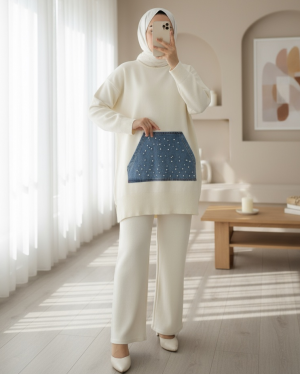 Denim Kangaroo Pocket Knitwear Set -Cream color