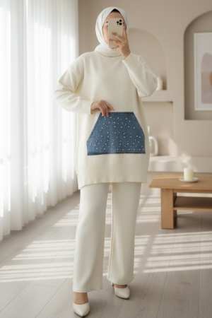 Kot Kanguru Cepli Triko Takım -Krem