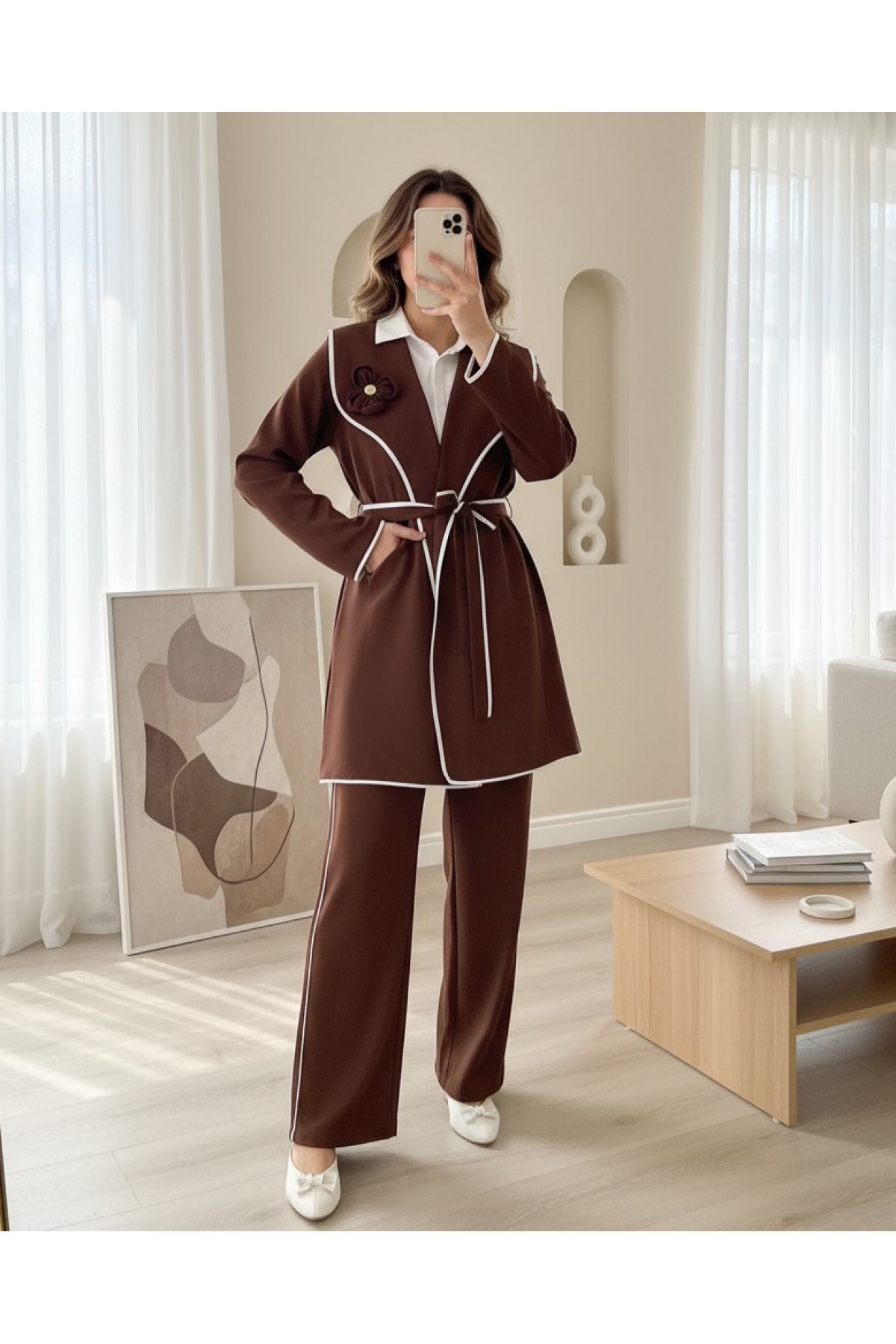 Belted and Piping Trouser Suit  -Brown