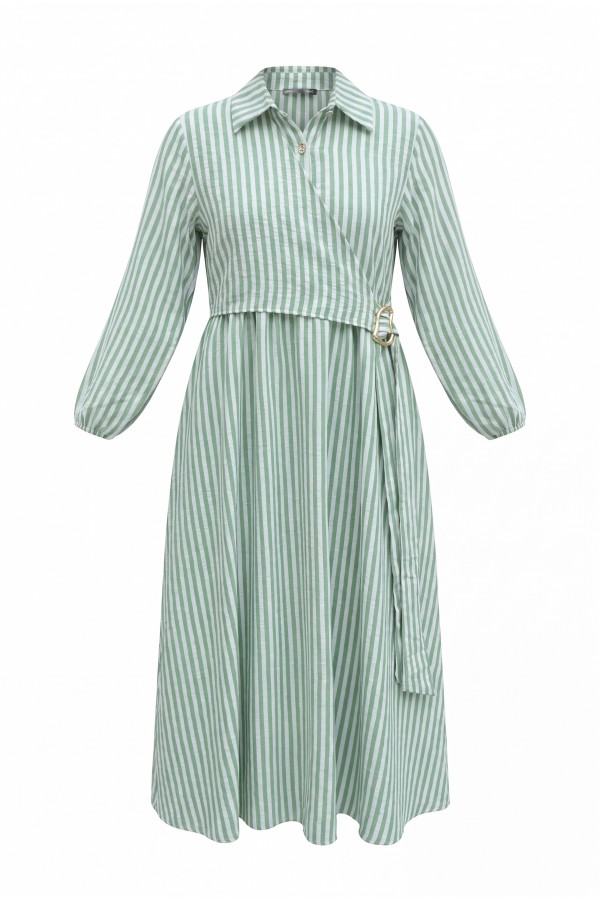 Shirt Collar Half-Button Buckle Side Tie Striped Linen Dress -Green