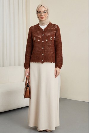 Knitted Cardigan with Floral Embroidery, Pom  -Brick color