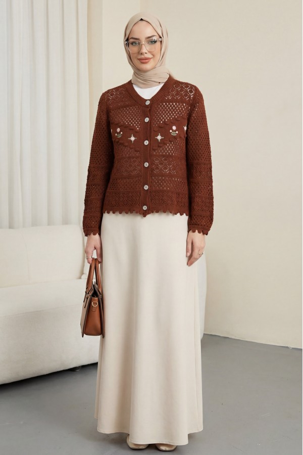 Knitted Cardigan with Floral Embroidery, Pom  -Brick color