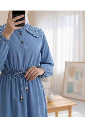 Omuzu İncili Beli Lastikli Parçalı Uzun Kot Elbise -Buz Mavi