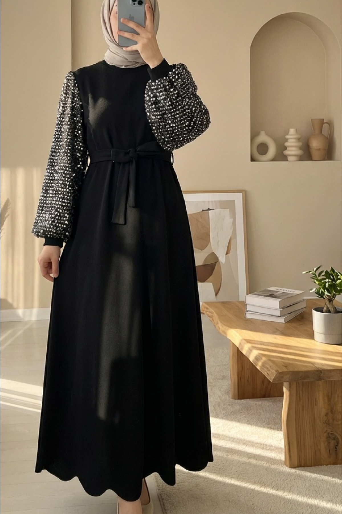 Imported Lycra Crepe Dress with Sequined Sleeves and Belt -Gold