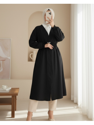 Kolu ve Beli Lastikli Çıtçıtlı Keten Kap -Siyah