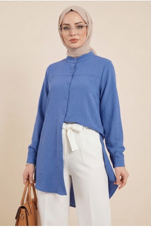 Kol Manşeti Drapeli Oval Kesim Gömlek    -İndigo