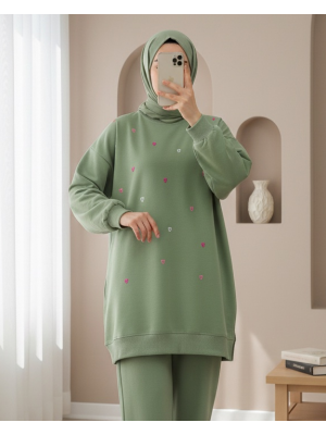 Yuvarlak Yaka Kalp Desenli Penye Tunik  -Çağla Y.