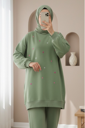 Yuvarlak Yaka Kalp Desenli Penye Tunik  -Çağla Y.