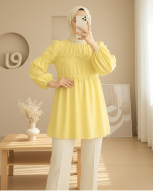 Poplin Tunic with Elastic Sleeves and Daisy Detail -Yellow