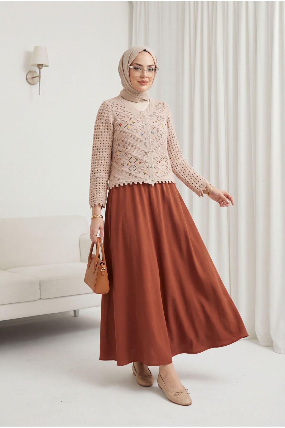 Floral Embroidered Pompom Openwork Knitted Cardigan       -Powder