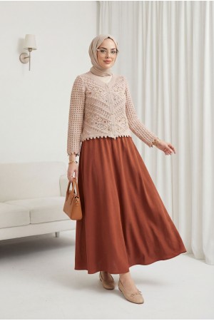 Çiçek Nakışlı Ponponlu Ajurlu Triko Hırka       -Pudra