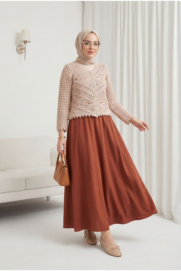Floral Embroidered Pompom Openwork Knitted Cardigan       -Powder