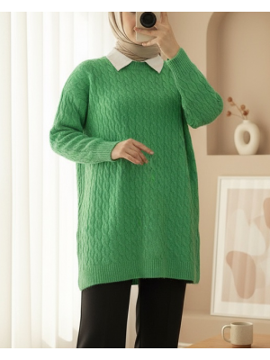 Yuvarlak Yaka Saç Örgü Yırtmaçlı Triko Tunik -Yeşil