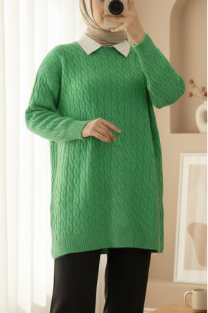 Yuvarlak Yaka Saç Örgü Yırtmaçlı Triko Tunik -Yeşil