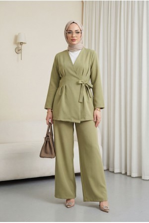 Imported Crepe Set with Dart Detail and Cross-Face Trousers -Cagla Green