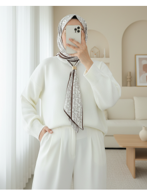 Yuvarlak Yaka Fularlı Salaş Triko Tunik -Ekru