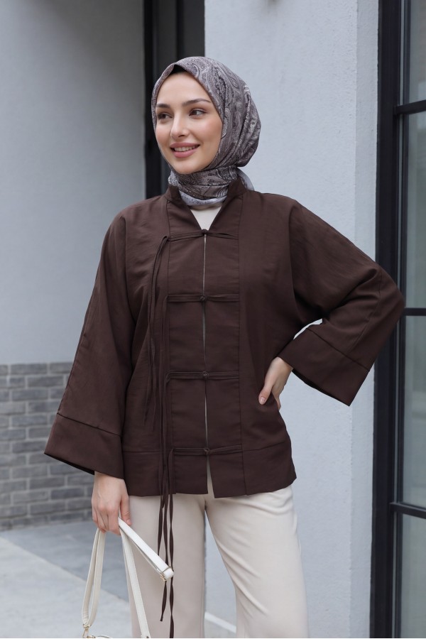 Chinese Knot Closure Mandarin Collar Parachute Kimono -Brown