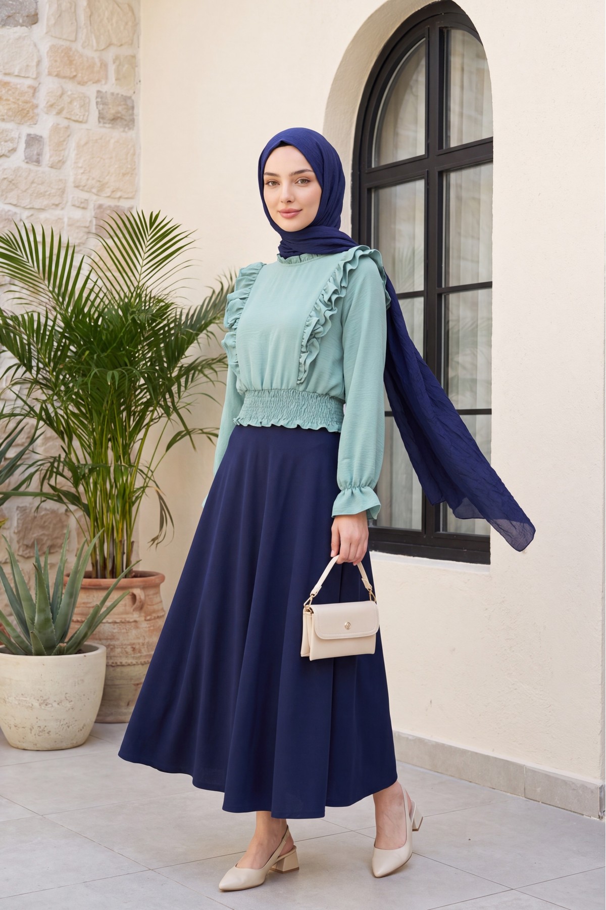 Ayrobin Blouse with Ruffles and Gathered Waist  -Mint Color