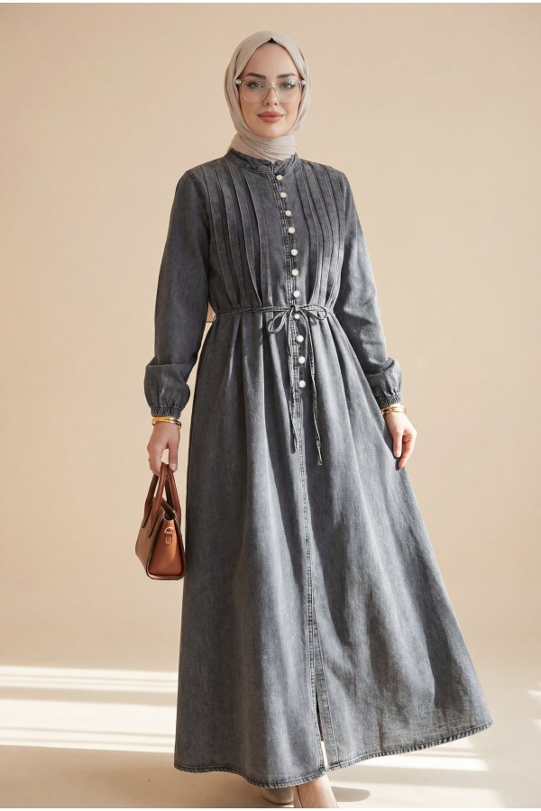 Denim Dress with Elasticated Sleeves, Drawstring Waist, Half Button Closure, and Fold-Front Detail -Smoked 
