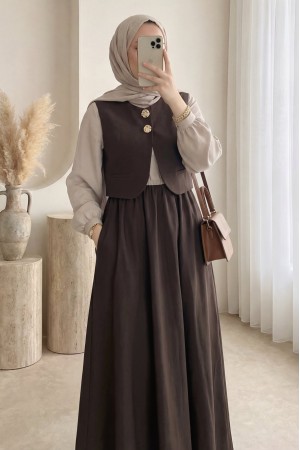 Zra Cupra Vest Dress Set with Elastic Waist and Half Button Closure -Brown