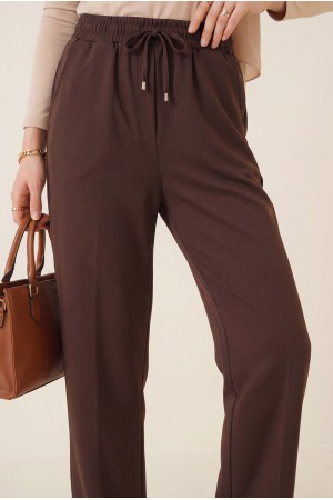 Beli Bağcıklı Dar Paça Pantolon    -Kahve